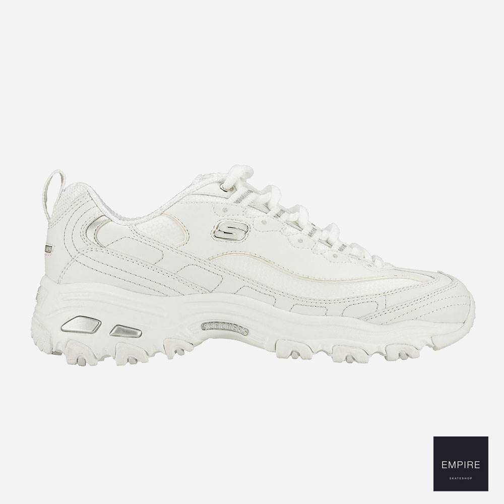 white and silver skechers